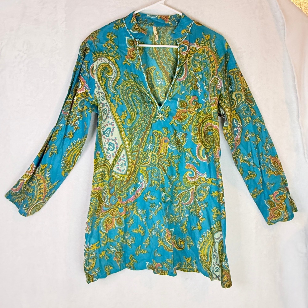 Elan Paisley Tunic Top‎ Women's L Blue Boho V Neck 100% Cotton Long Sleeve
